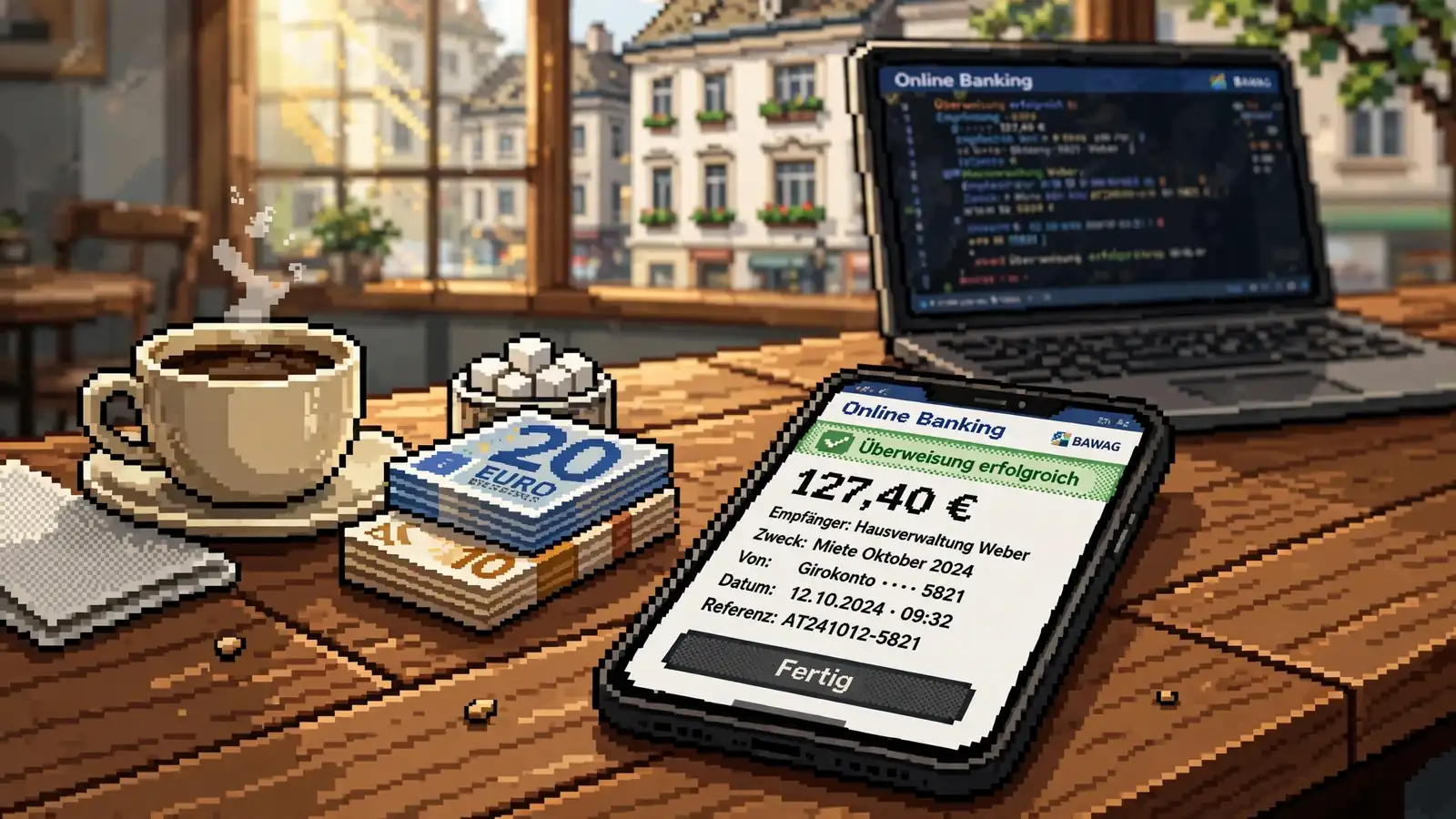 Smartphone mit Bankbestätigung, Euro-Scheine und Kaffeetasse auf einem Wiener Holzkaffeehaustisch.