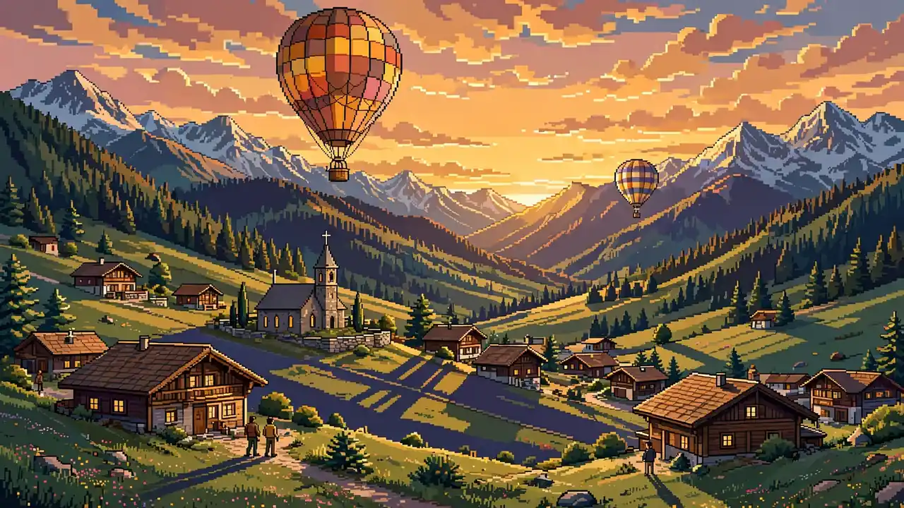 Heißluftballon steigt über österreichischem Alpendorf bei Sonnenuntergang auf