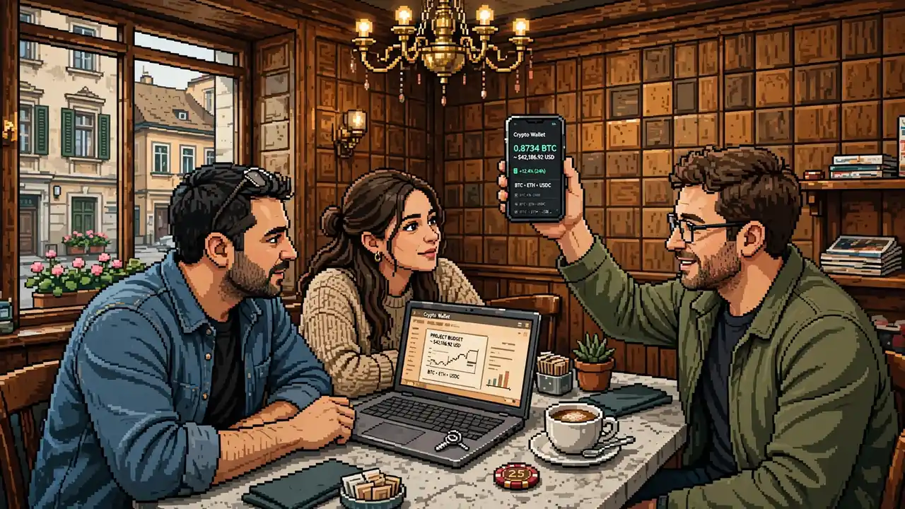 Freunde in Wiener Kaffeehaus mit Smartphone und Casino-Chip am Tisch.