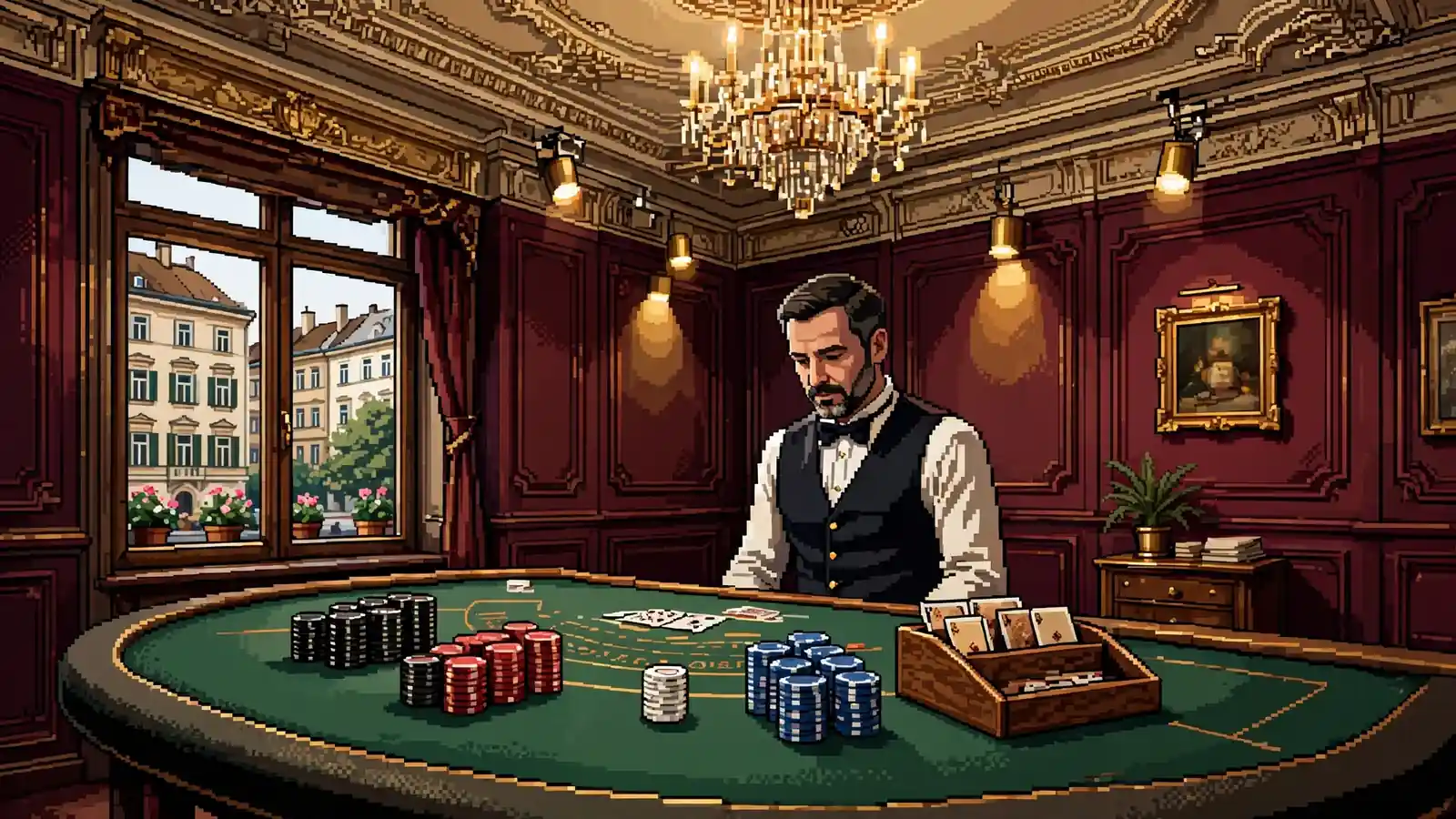 Live-Blackjack-Tisch mit Croupier in einem eleganten Wiener Casino-Studio mit Kronleuchter