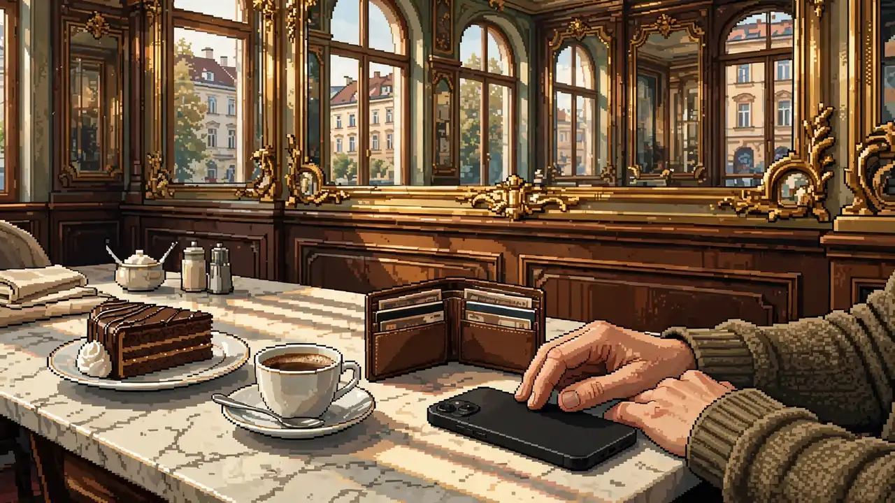 Wiener Kaffeehaus mit Smartphone, geöffneter Geldbörse, Kaffee und Sachertorte auf Marmortisch.