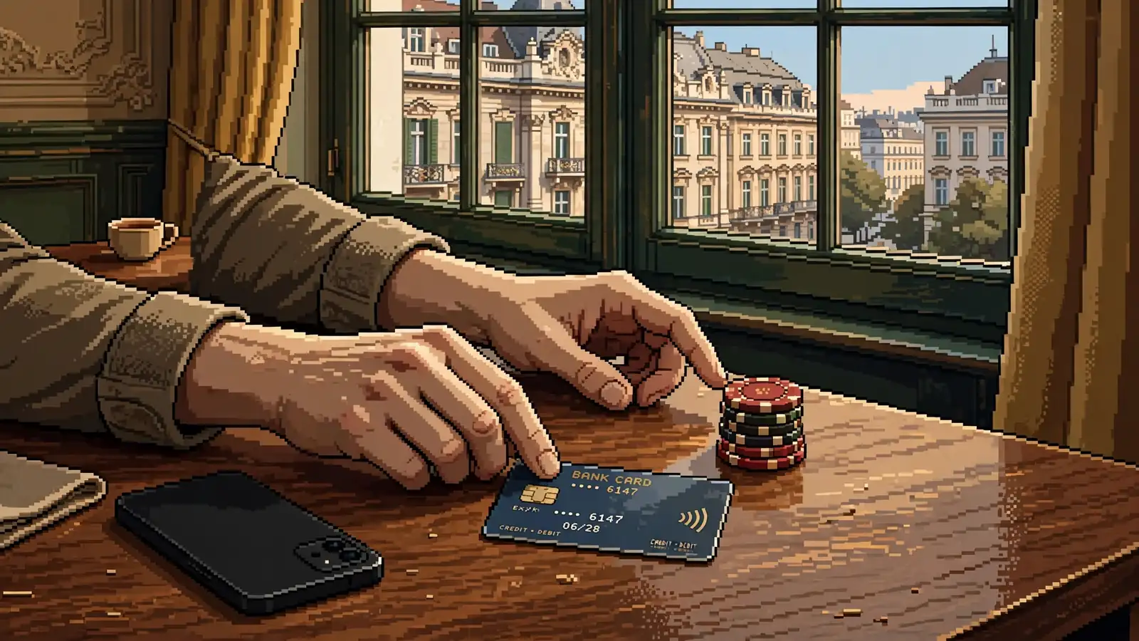 Hände legen Bankkarte und Casino-Chips auf Tisch, Wiener Altbau im Hintergrund