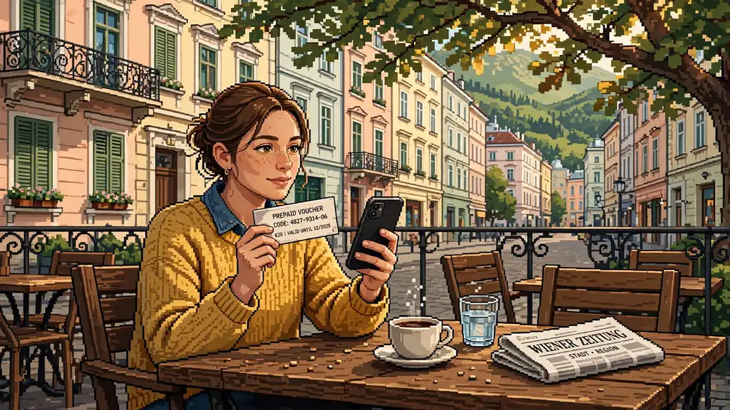 Frau im Wiener Kaffeehaus mit Prepaid-Gutschein und Smartphone vor klassischer Altstadtfassade.
