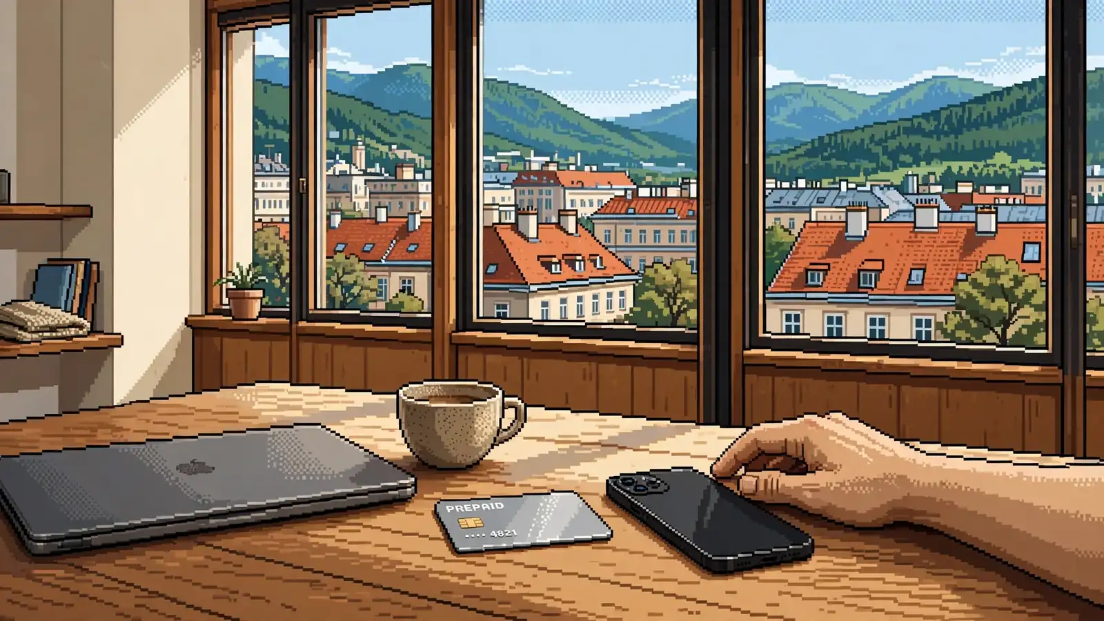 Österreichisches Apartment mit Laptop, Prepaid-Karte und Smartphone auf einem Holztisch