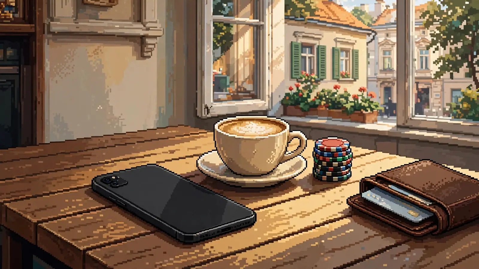 Smartphone mit Google Pay auf einem Wiener Kaffeehaustisch mit Casino-Chips und Geldbörse.