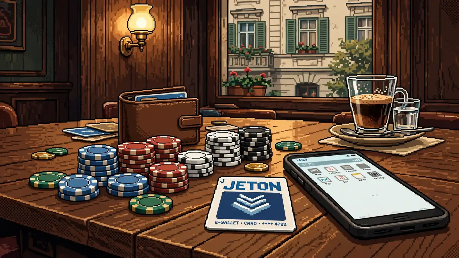 Casino-Tisch mit Jetons, Smartphone und Geldbörse in Wiener Spielstätte.