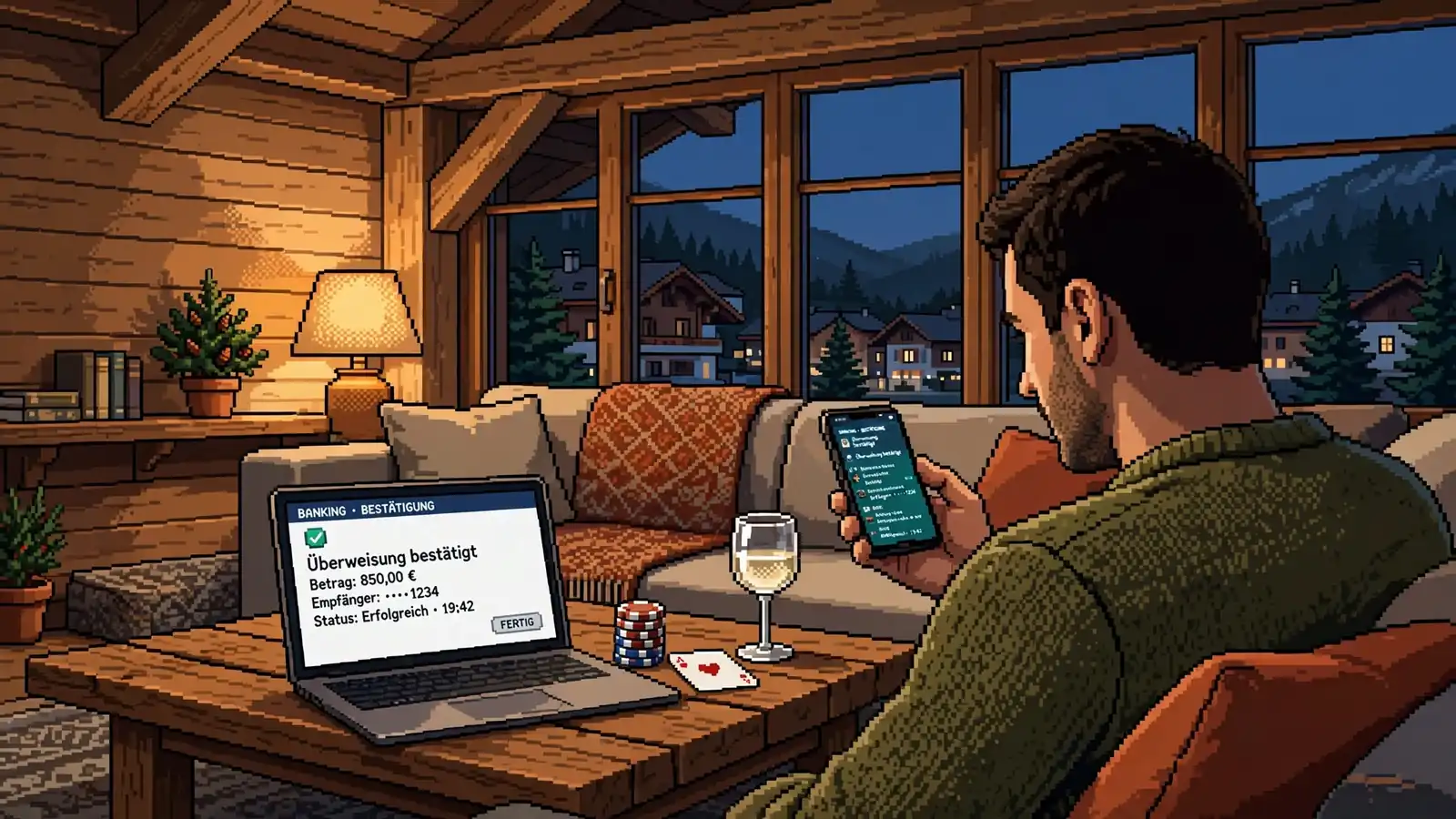Abendliche Szene in einem modernen Wohnzimmer mit Smartphone, Laptop und Casino-Chips in Österreich.