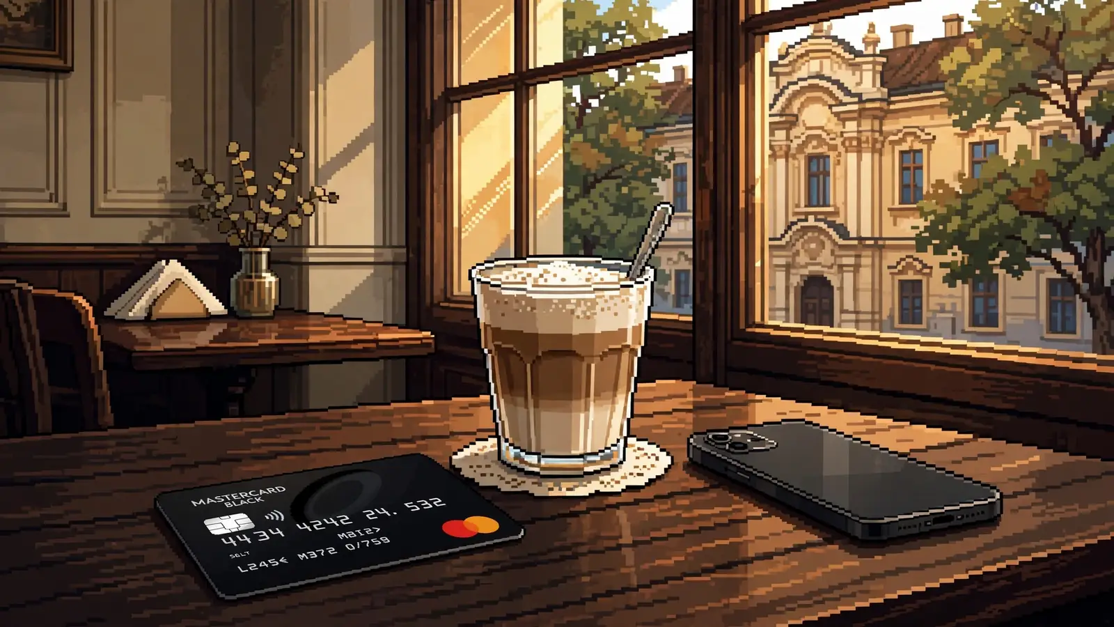 Mastercard-Kreditkarte auf einem Holztisch neben einer Wiener Melange und einem Smartphone mit Blick auf österreichische Architektur