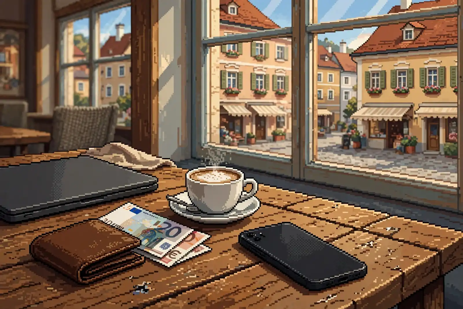 Smartphone auf einem Tisch mit Geldbörse und Kaffee in Österreich.