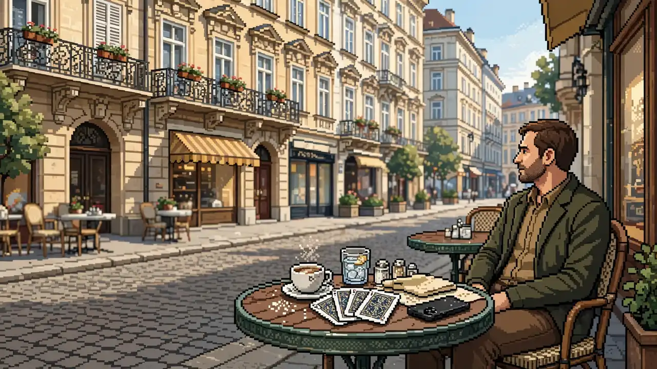 Person im Wiener Kaffeehaus mit Smartphone und Spielkarten auf dem Tisch