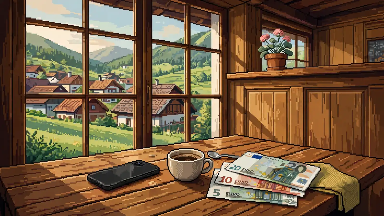 Smartphone neben Euro-Scheinen und Kaffee auf einem Tisch in einem österreichischen Café mit Alpenblick
