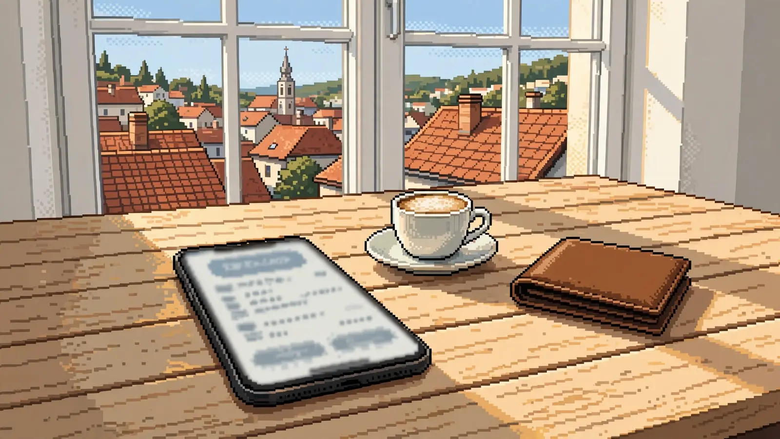 Smartphone mit verschwommener Zahlungs-App auf einem Holztisch in einer österreichischen Wohnung, daneben eine Melange-Tasse