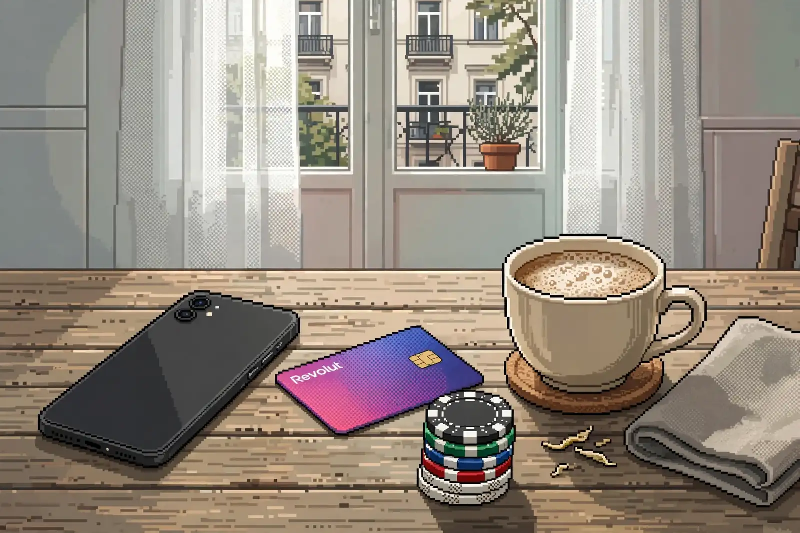 Smartphone, Revolut-Karte und Casino-Chips auf einem Tisch