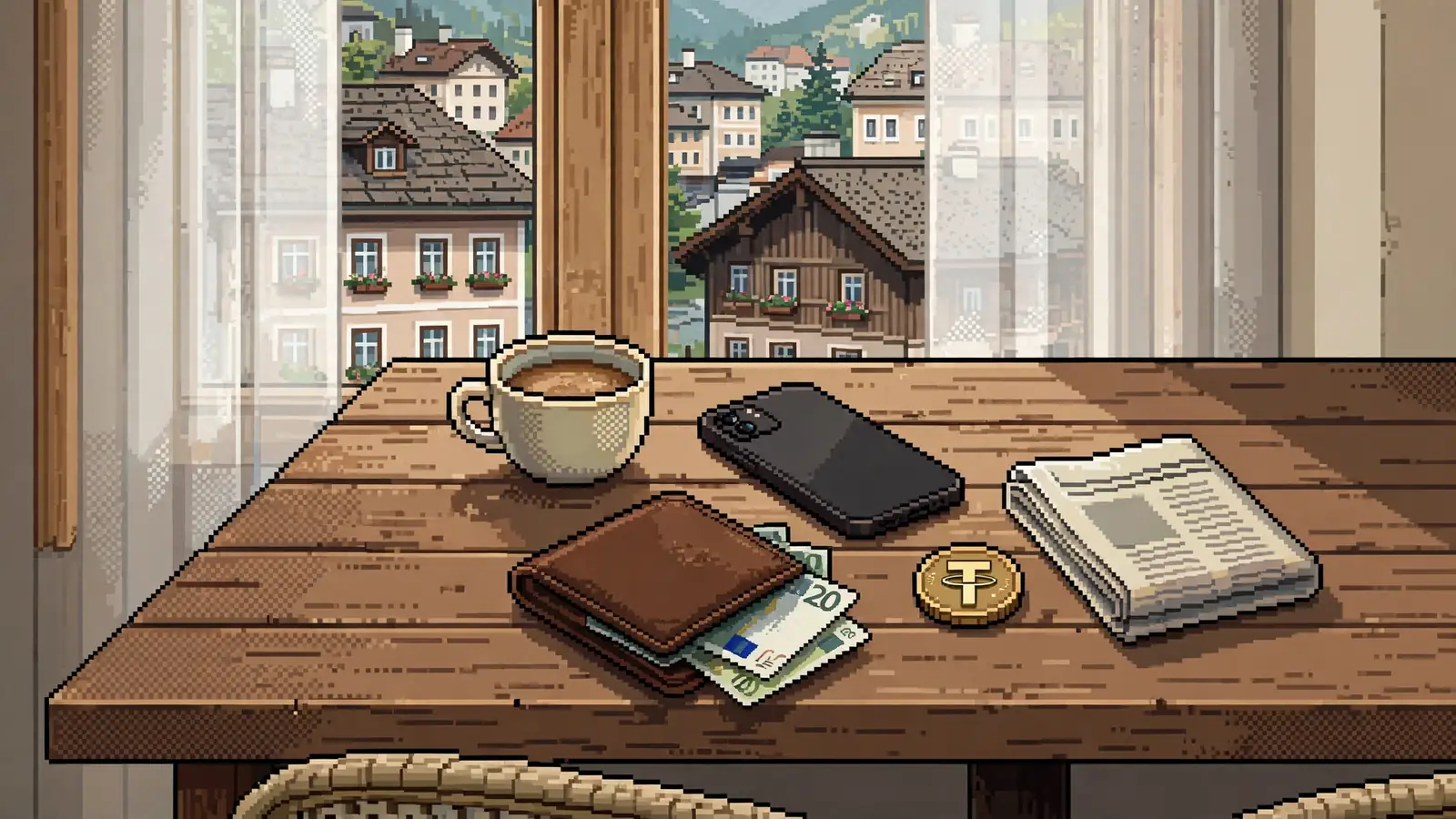 Wiener Kaffeehaus-Tisch mit Tether-Münze, Smartphone und Geldbörse