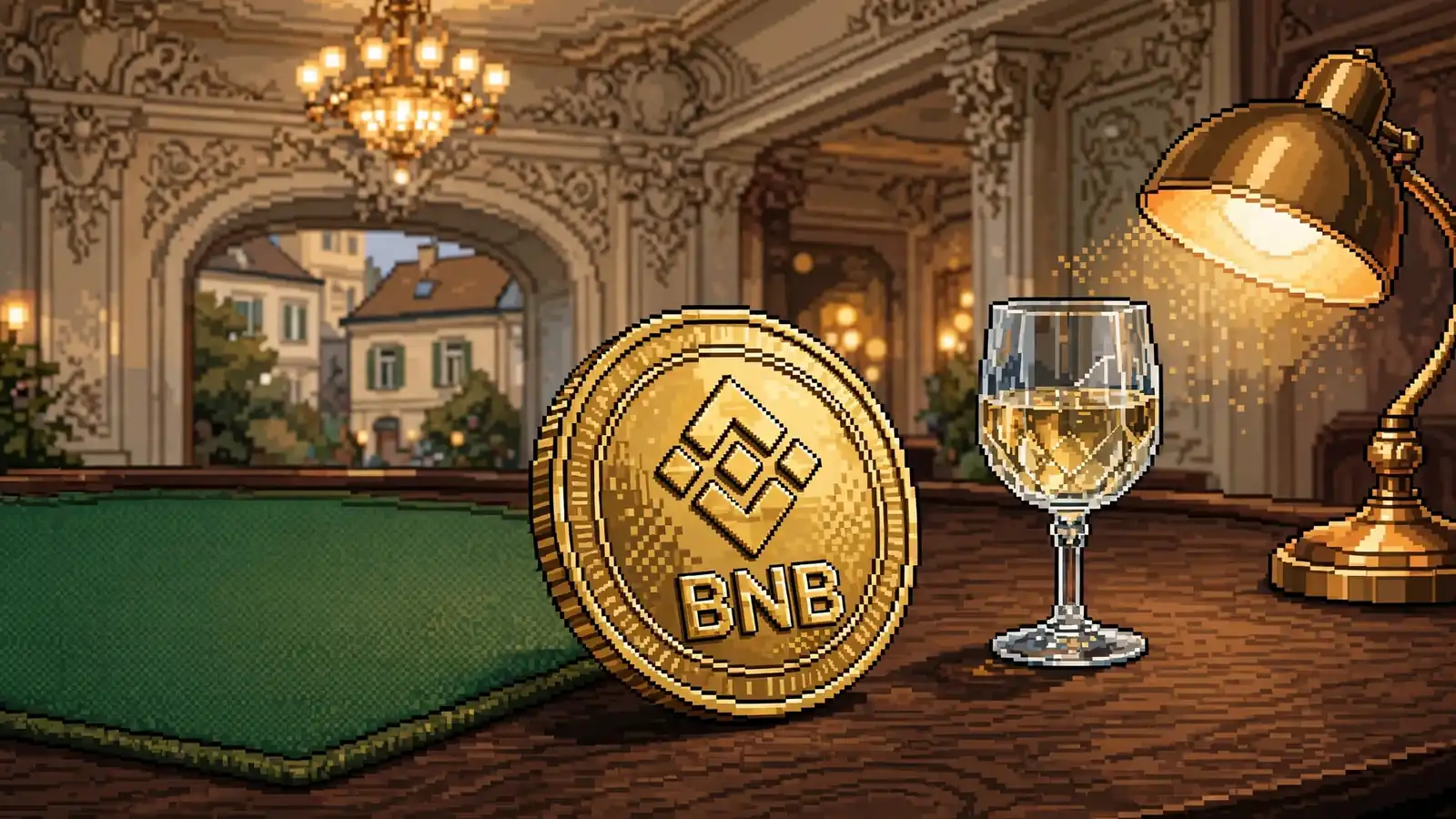 Goldene BNB-Münze auf einem Filztisch mit Kristallglas in Wiener Spielbank-Atmosphäre.
