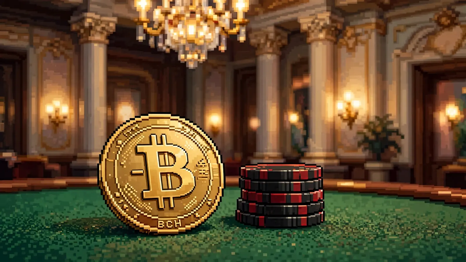 BCH-Münze auf grünem Filz mit Casino-Chips im österreichischen Spielsaal