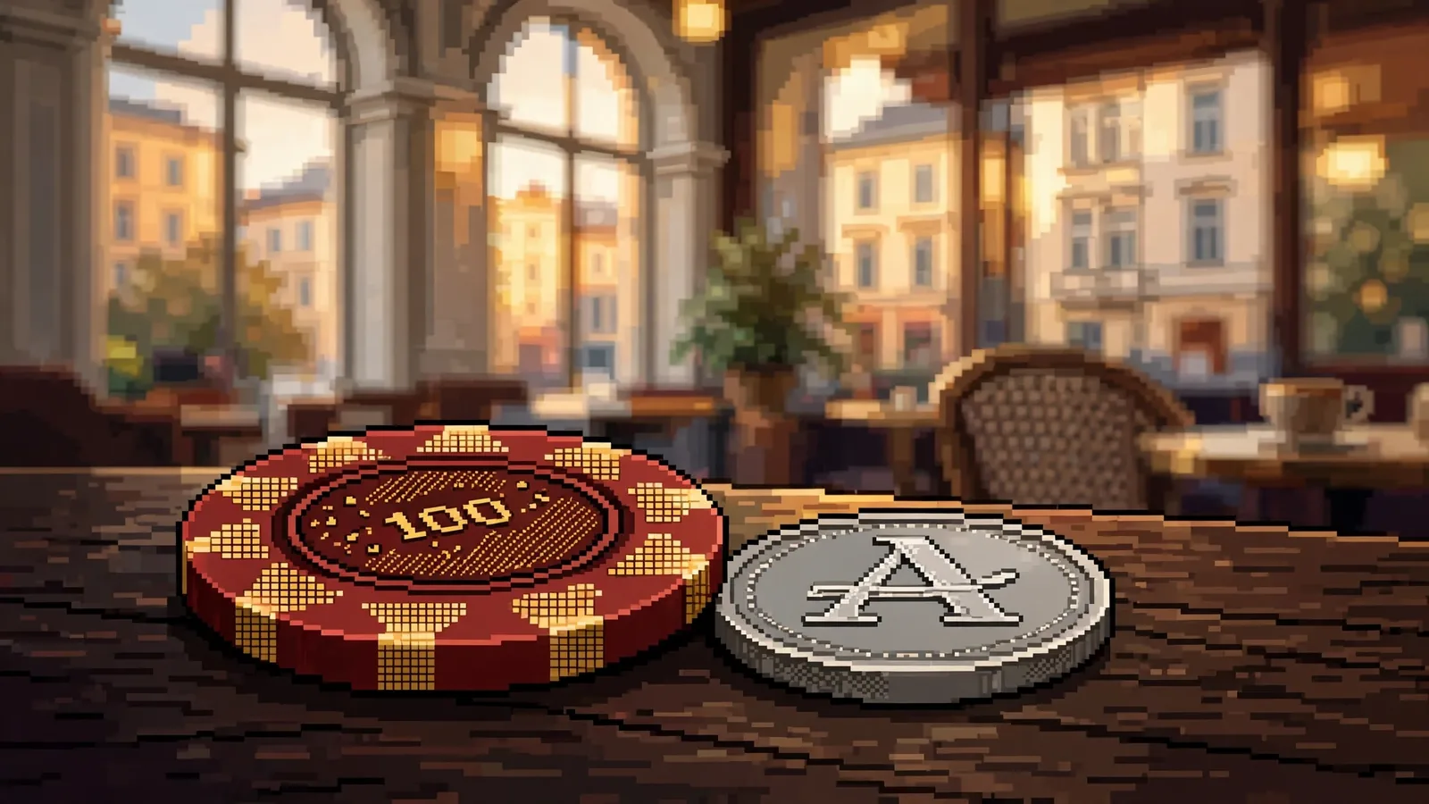Casino-Chip und Kryptomünze auf einem Holztisch in einem Wiener Kaffeehaus.