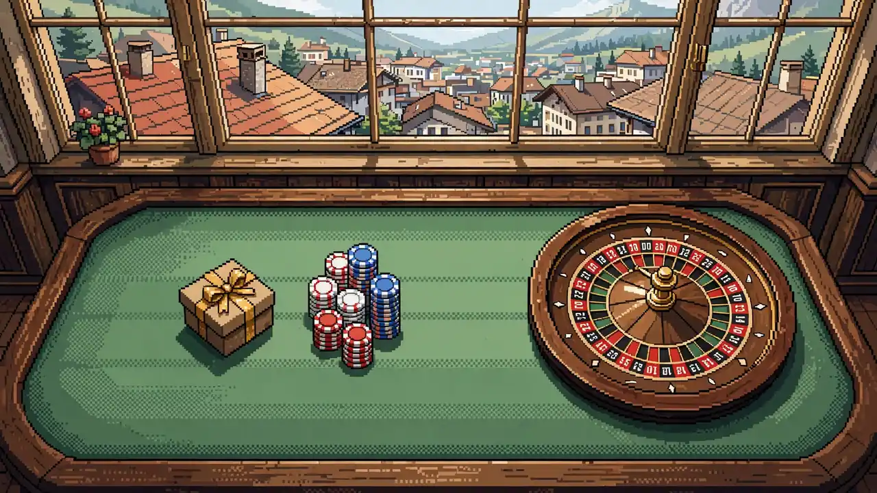 Geschenkbox mit Casino-Chips und Roulette auf grünem Filz-Tisch vor Alpen-Fenster.