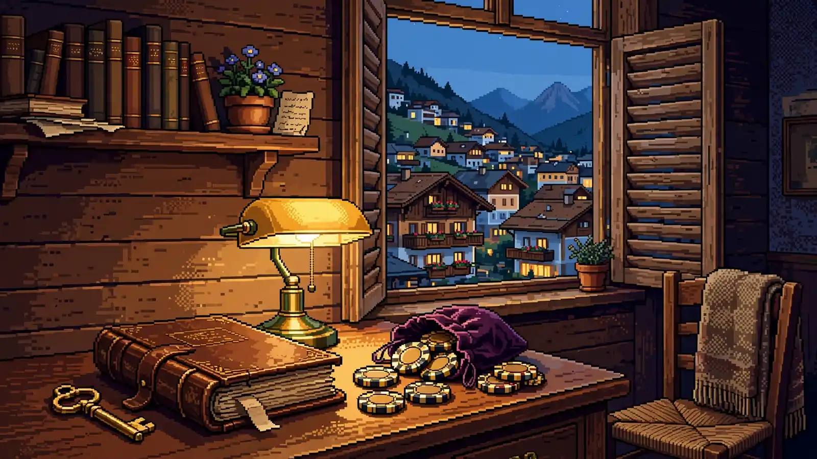 Schreibtisch mit Casino-Chips, altem Kontobuch und Messingschlüssel vor einem österreichischen Fenster mit Alpental bei Dämmerung.
