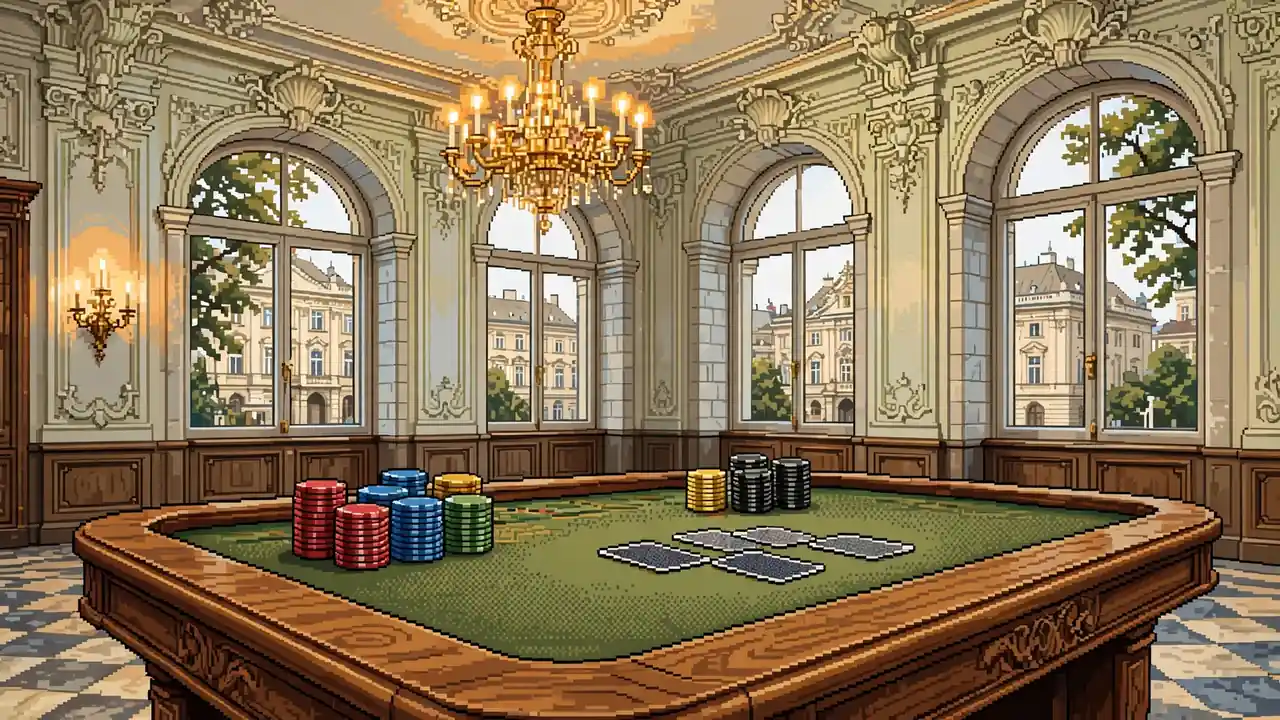 Eleganter Spieltisch mit Casino-Chips und Spielkarten in Wiener Palais-Atmosphäre