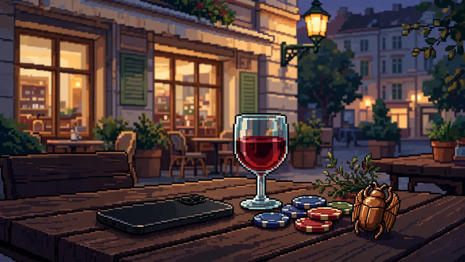 Smartphone mit Spielchip und Skarabäus auf Wiener Kaffeetisch