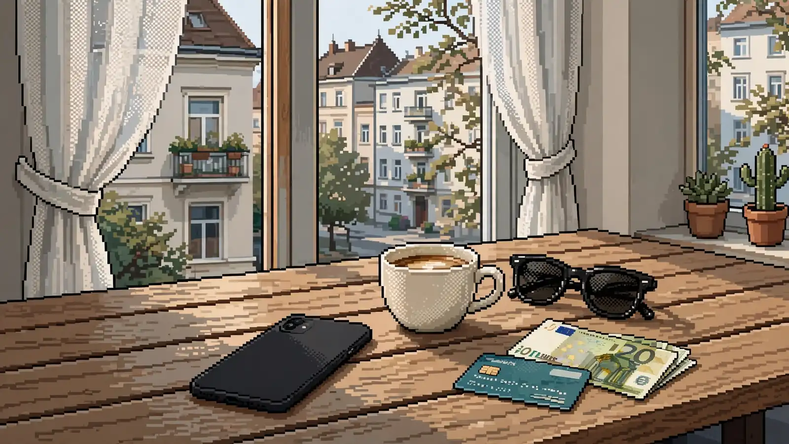 Smartphone mit Bankkarte und Euro-Scheinen auf einem Tisch in einer Wiener Wohnung