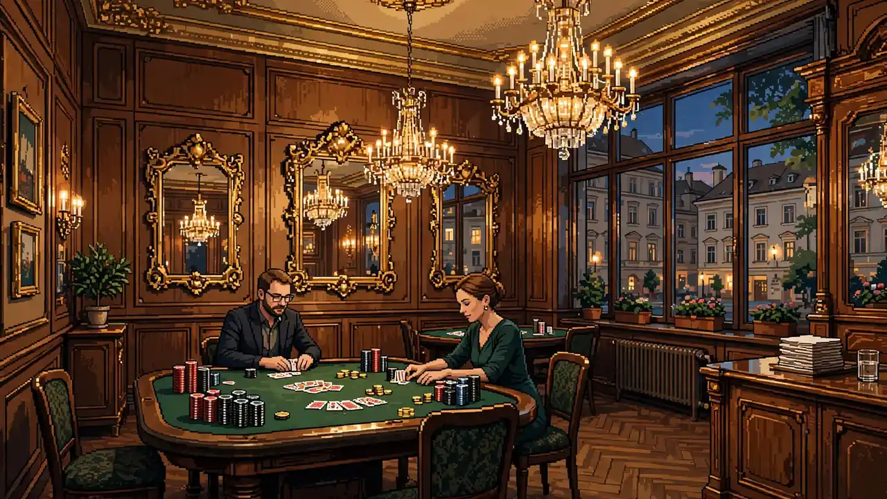 Elegantes Wiener Kasino mit Kronleuchtern, Spieltisch und Chips bei warmem Abendlicht.