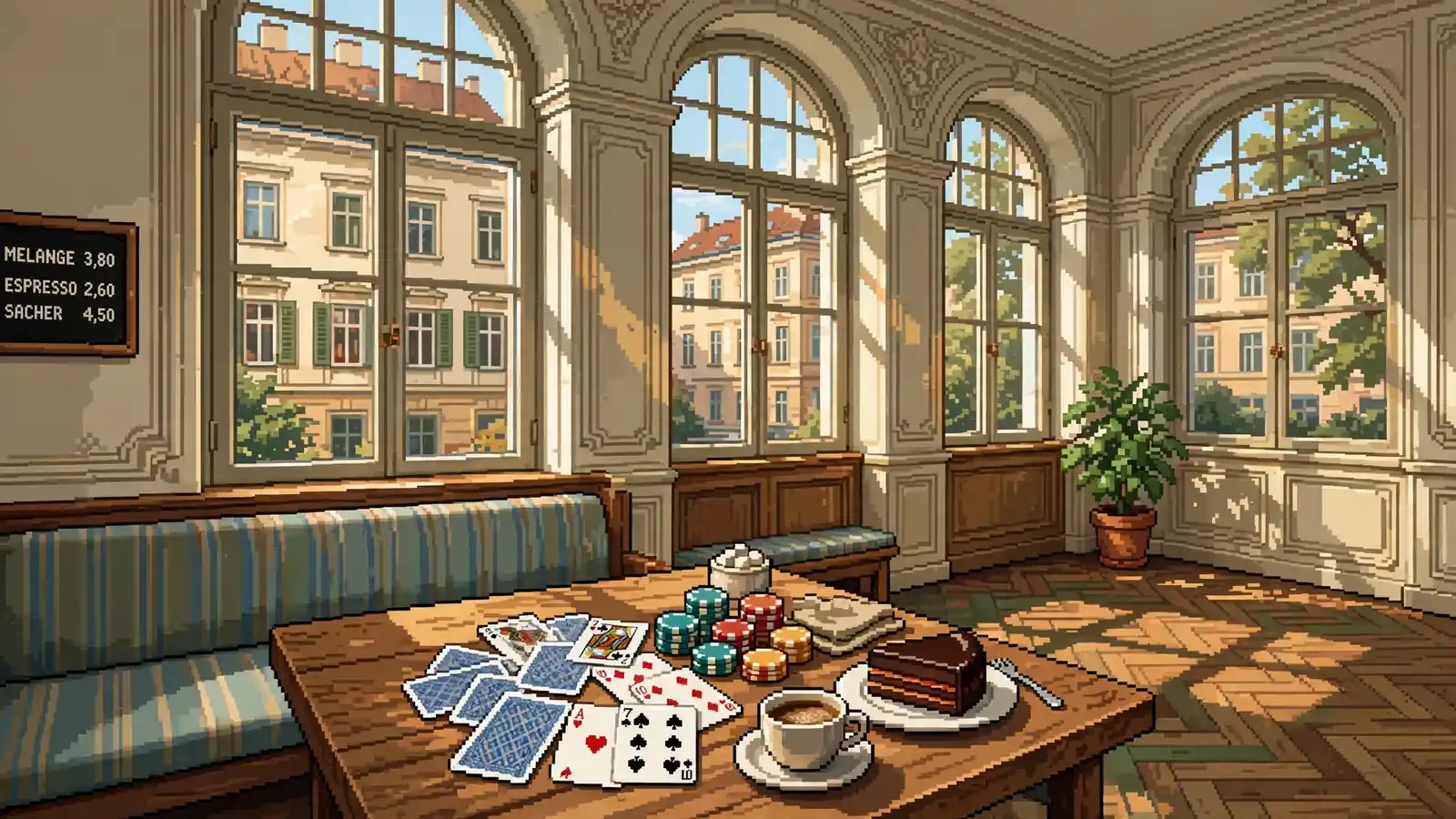 Wiener Kaffeehaus mit Spielkarten, Casino-Chips und Kaffee auf einem Holztisch