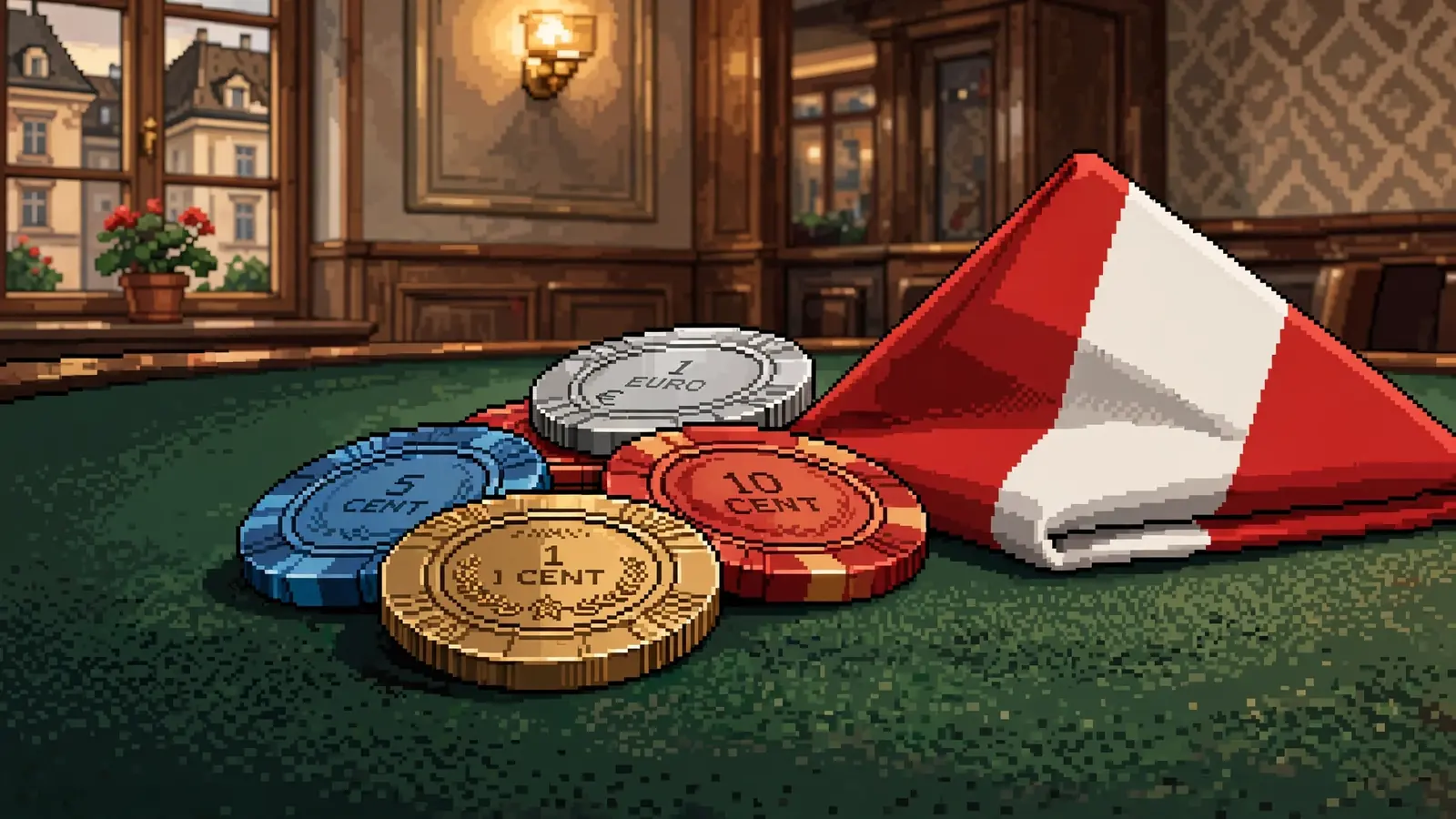 Kleine Casino-Chips mit Cent- und Euro-Einsatz auf grünem Filz neben der österreichischen Flagge.