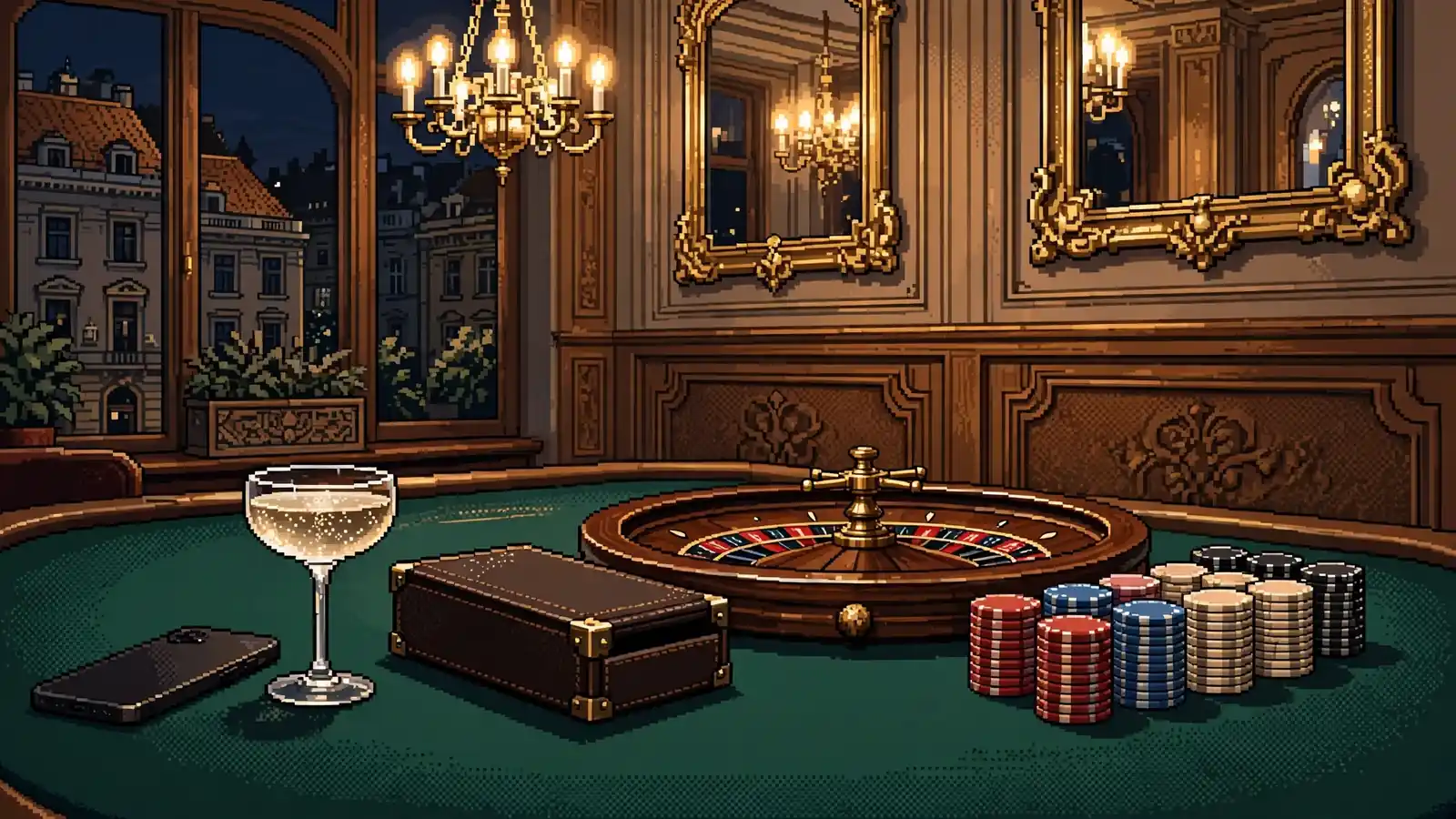Stimmungsvoll beleuchtete Wiener Spielbank-Lounge mit Roulette-Tisch und Jetons.
