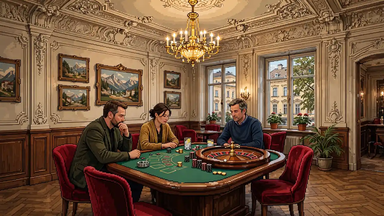 Elegantes Wiener Kasino mit Roulette-Tisch und Spielchips unter Kronleuchter.