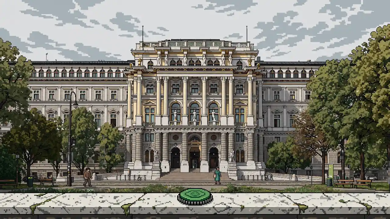 Wiener Regierungsgebäude mit einer Spielchip-Marmorbalustrade bei bewölktem Tageslicht.
