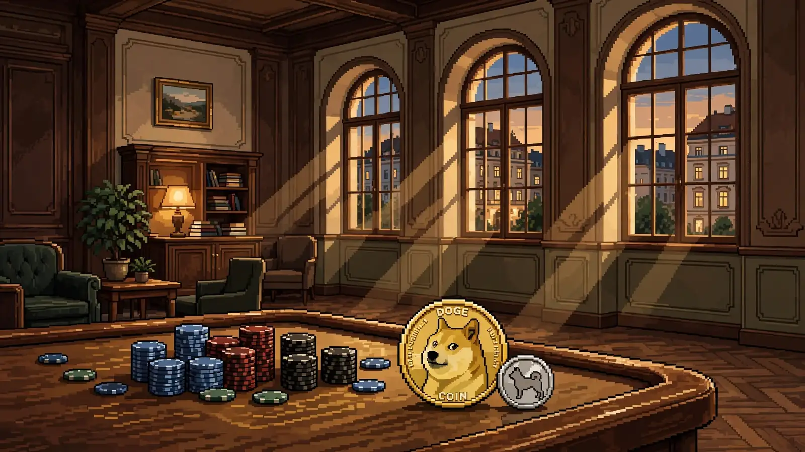 Österreichische Casino-Lounge mit Spielchips und einer Dogecoin-Münze auf einem Holztisch