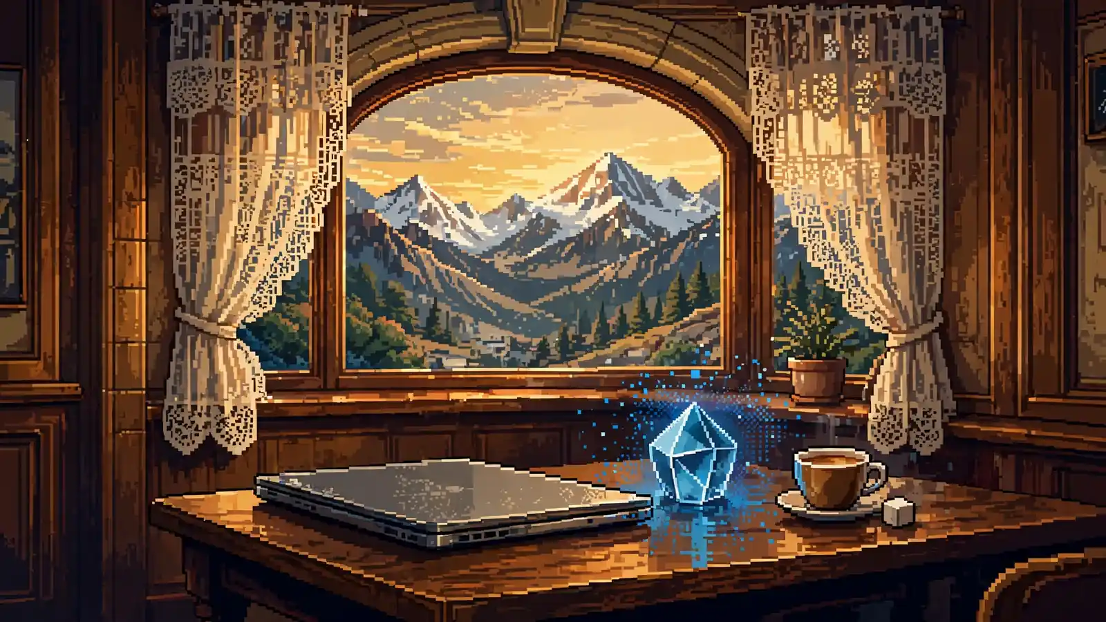 Geschlossener Laptop neben leuchtendem Kristall in Wiener Kaffeehaus mit Alpenblick