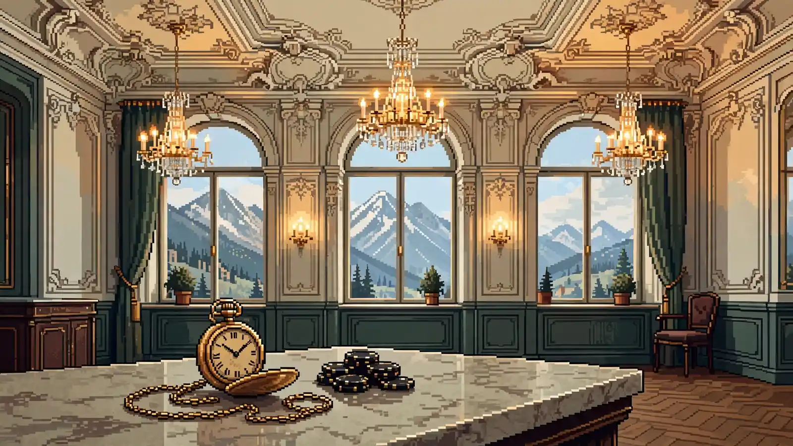 Elegante Wiener Casino-Lounge mit Taschenuhr, Spielchips und Alpenblick durch hohe Fenster