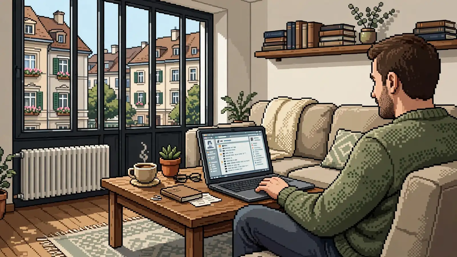 Entspannte Person auf Sofa mit Laptop und Kaffee in Wiener Wohnung bei Tageslicht