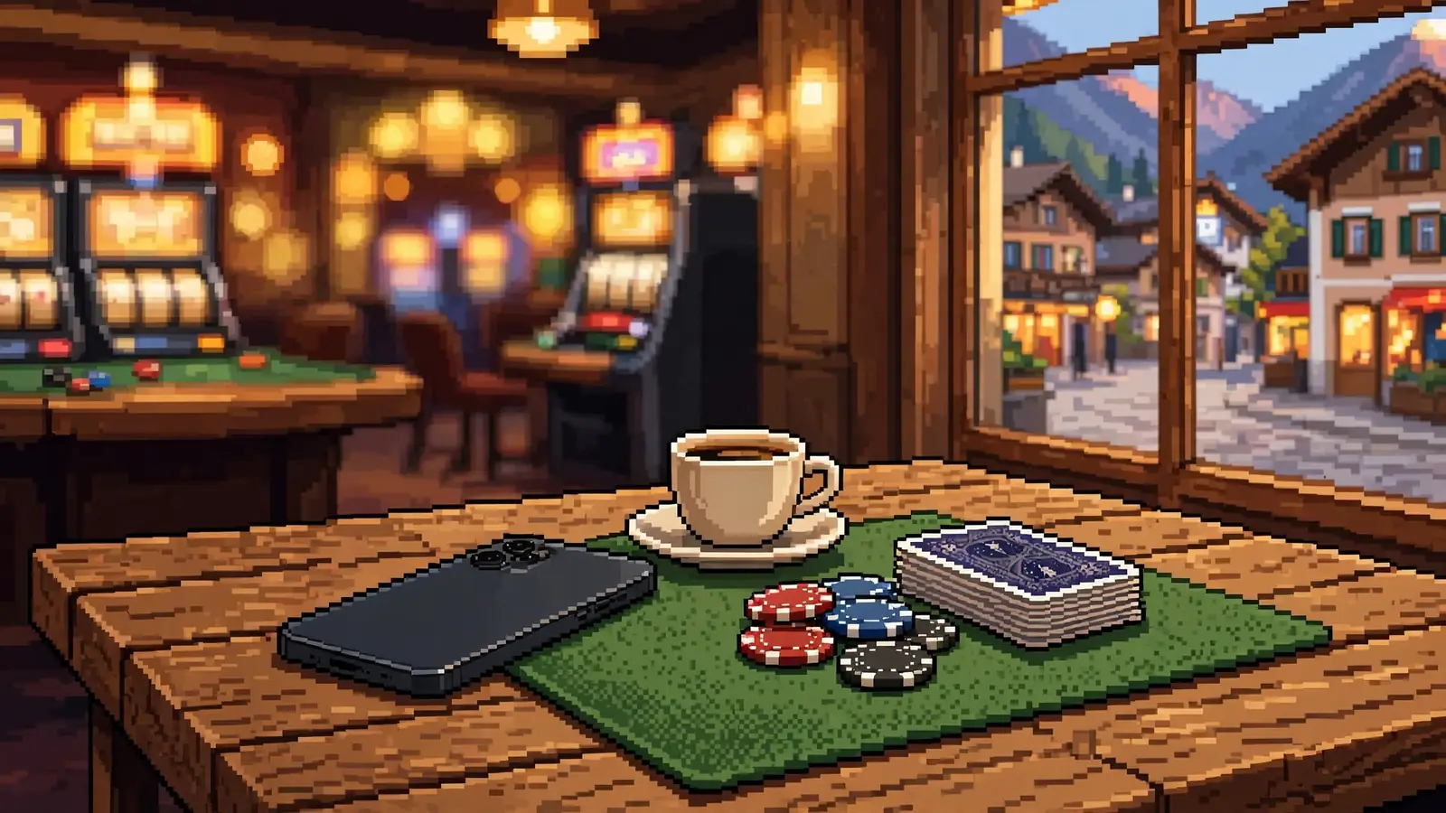 Smartphone neben Casino-Chips und Spielkarten auf einem Tisch in einem österreichischen Café.