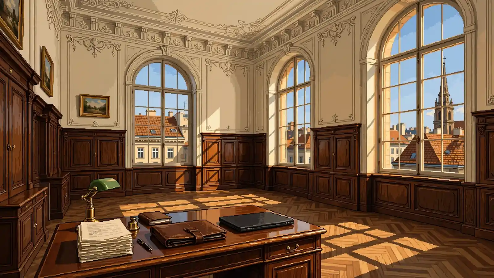 Elegantes Wiener Amtszimmer mit Dokumenten und Blick auf historische Dächer