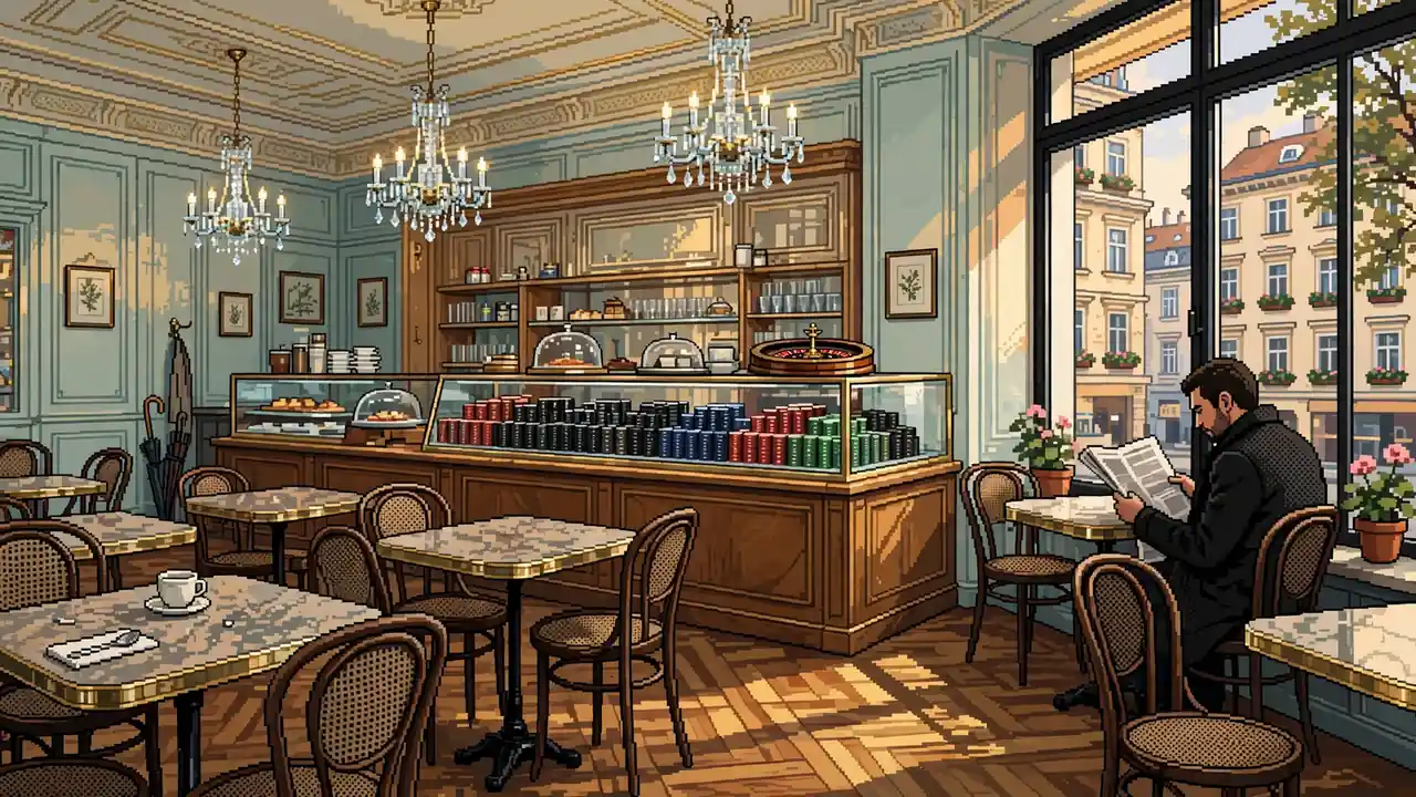Wiener Kaffeehaus mit Spielchips und Roulette auf dem Tresen