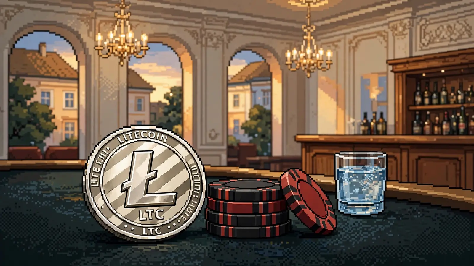 Litecoin-Münze auf einem Casino-Tisch mit Spielchips in österreichischem Spielsaal