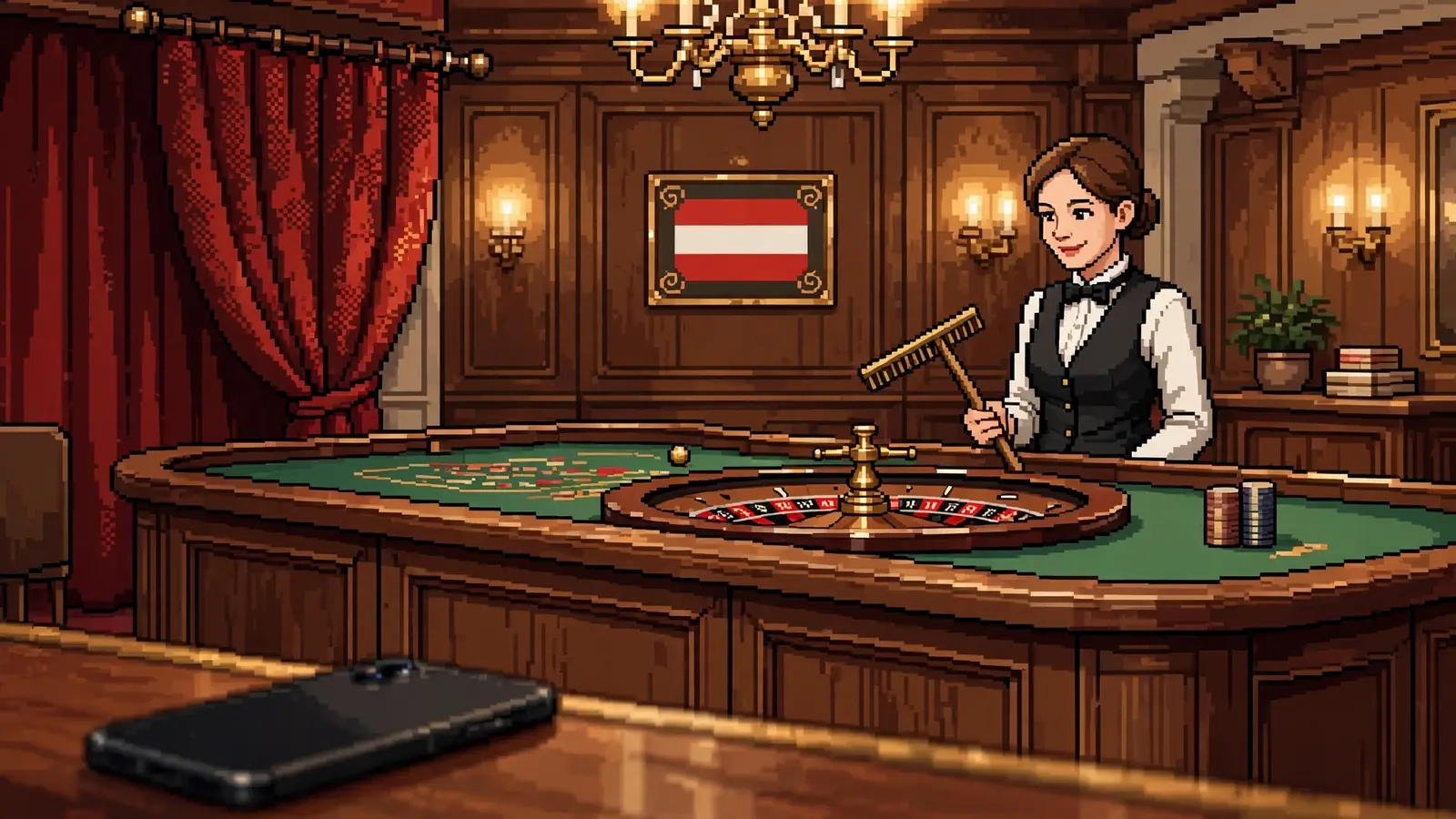 Stilvolles österreichisches Casino mit Roulette-Tisch und freundlicher deutscher Croupière