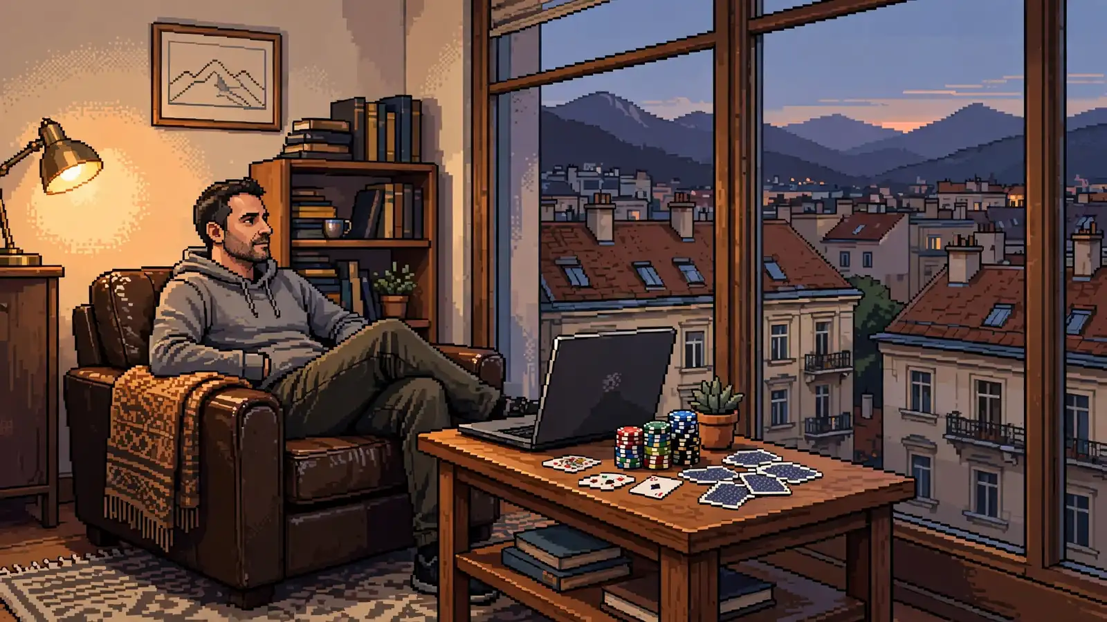 Gemütliche Wiener Wohnung mit Laptop, Spielchips und Karten auf dem Tisch