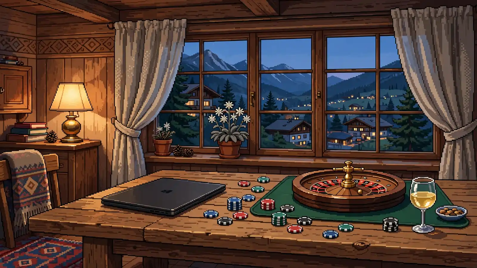 Abendliche Szene mit Laptop, Pokermünzen und Roulette in gemütlichem österreichischem Wohnzimmer.