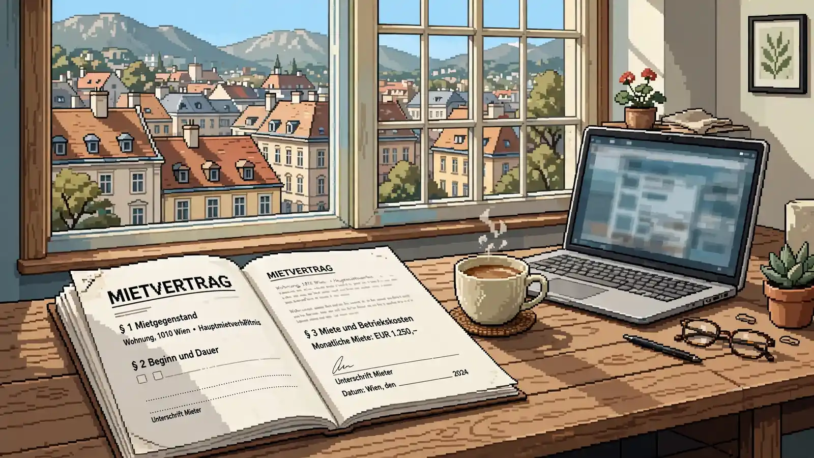 Juristische Unterlagen auf einem Schreibtisch mit Laptop und Kaffeetasse