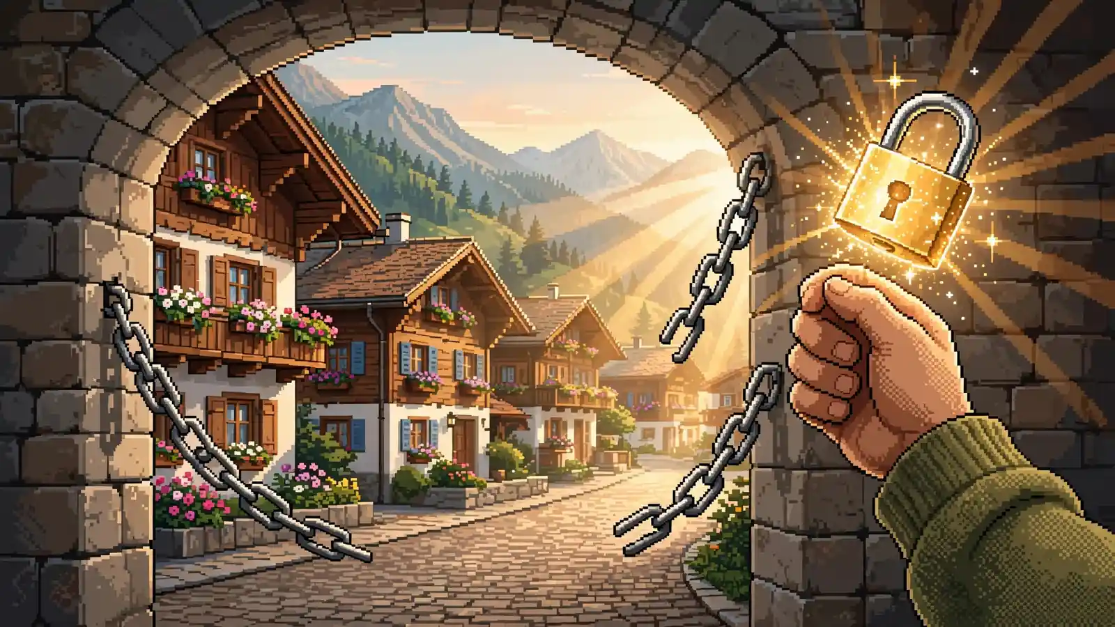 Hand öffnet leuchtendes Schloss vor einem österreichischen Chalet