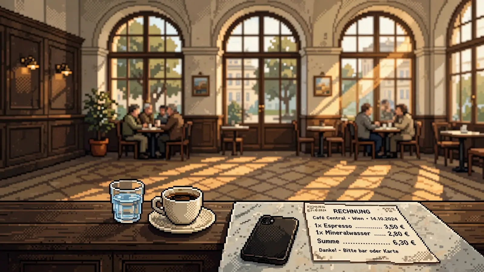 Wiener Café mit Papierrechnung neben einem Smartphone auf dem Tisch