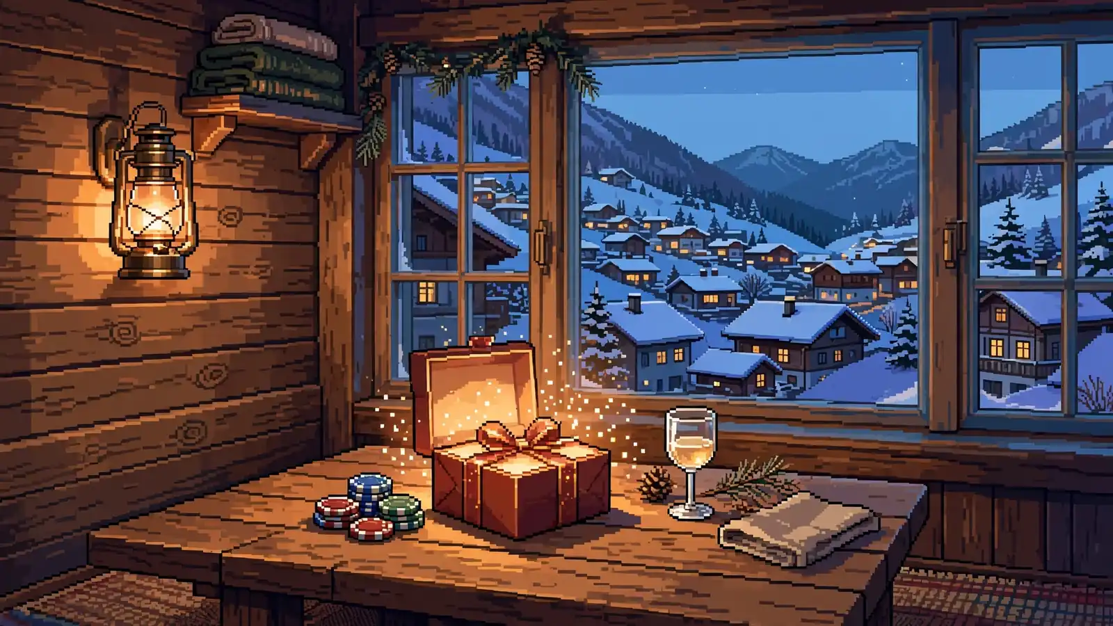 Alpen-Abend mit Casino-Chips und Willkommensgeschenk auf einem Holztisch