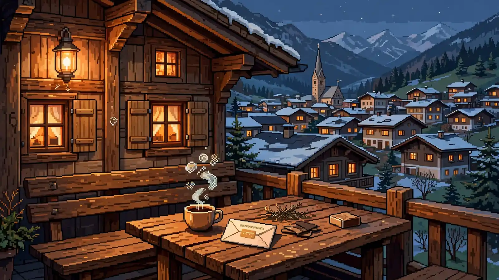 Abendliche Szene auf einer Holzterrasse in einem österreichischen Bergdorf mit dampfendem Kaffee und Bonus-Gutschein.