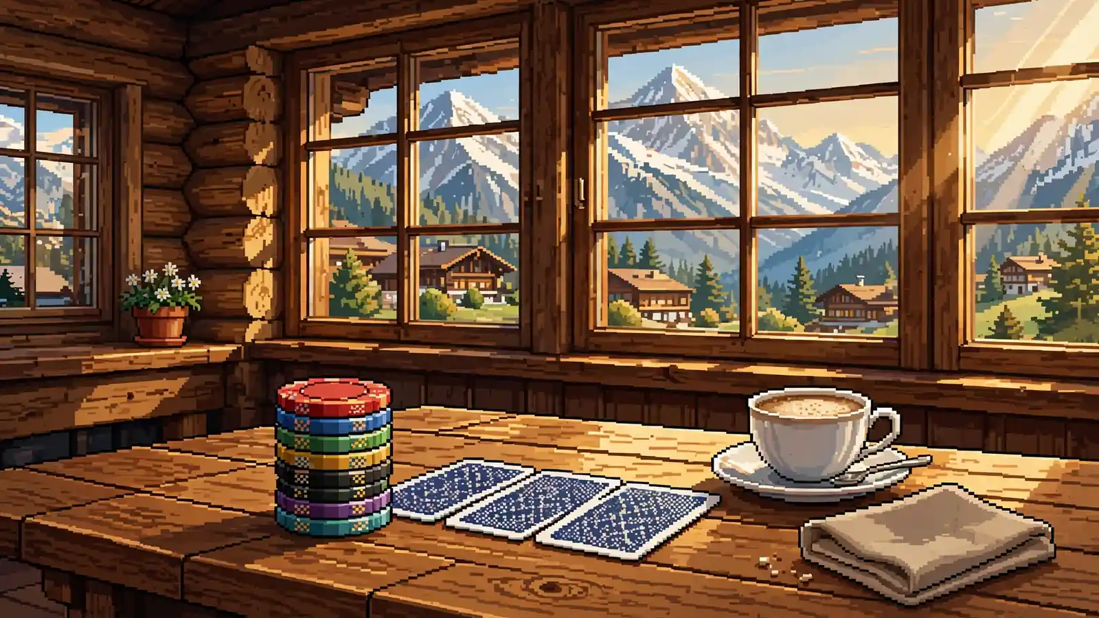 Casino-Chips und Spielkarten auf einem Holztisch in einem österreichischen Chalet mit Bergblick