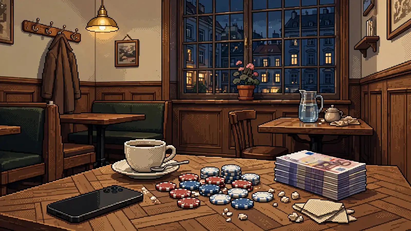 Wiener Kaffeehaus mit Casino-Chips und Euro-Geldscheinen auf dem Tisch.